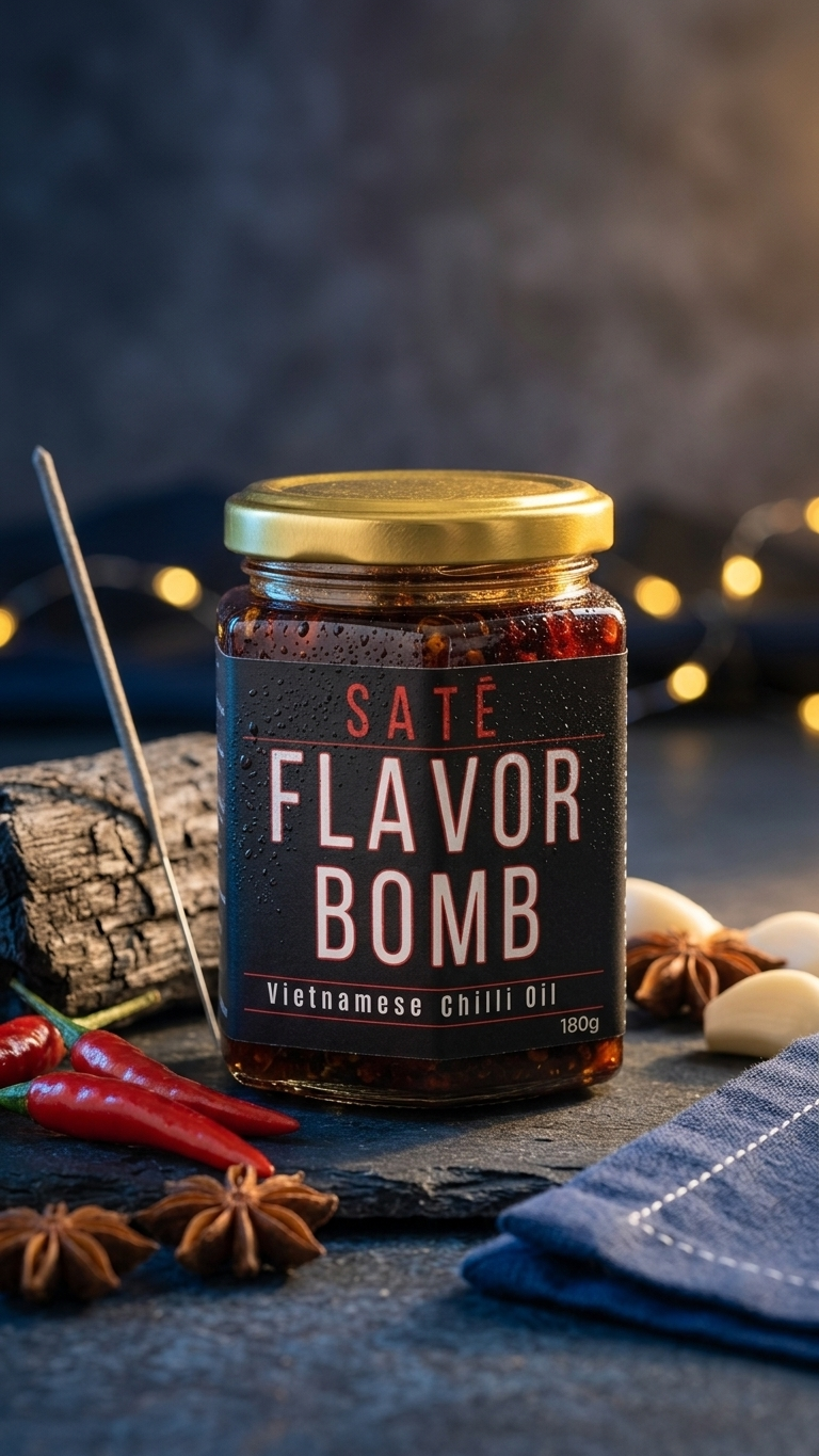 SATĒ FLAVOR BOMB jar surrounded by fresh lemongrass, star anise and garlic on a dark table